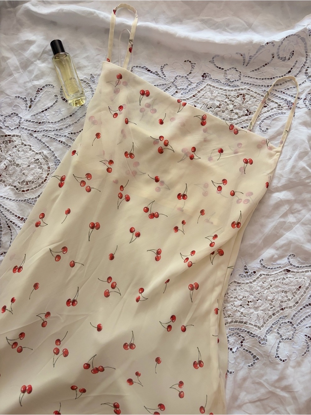 Flirty Coquette Cherry Slip Dress Whimsical Y2K Romantic Bias Cut Cami Midi